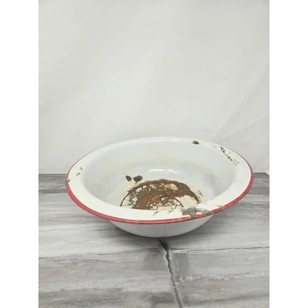 VTG White Red Enamelware Basin Bowl Antique Primitive Farm  12